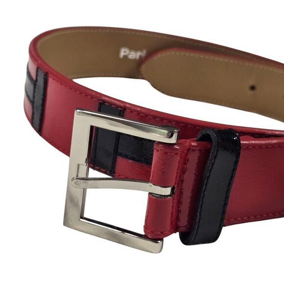 Paris Blues Belt VTG Y2K Red Black H Fashion Shiny Faux Leather Medium 28-31" - Picture 2 of 11